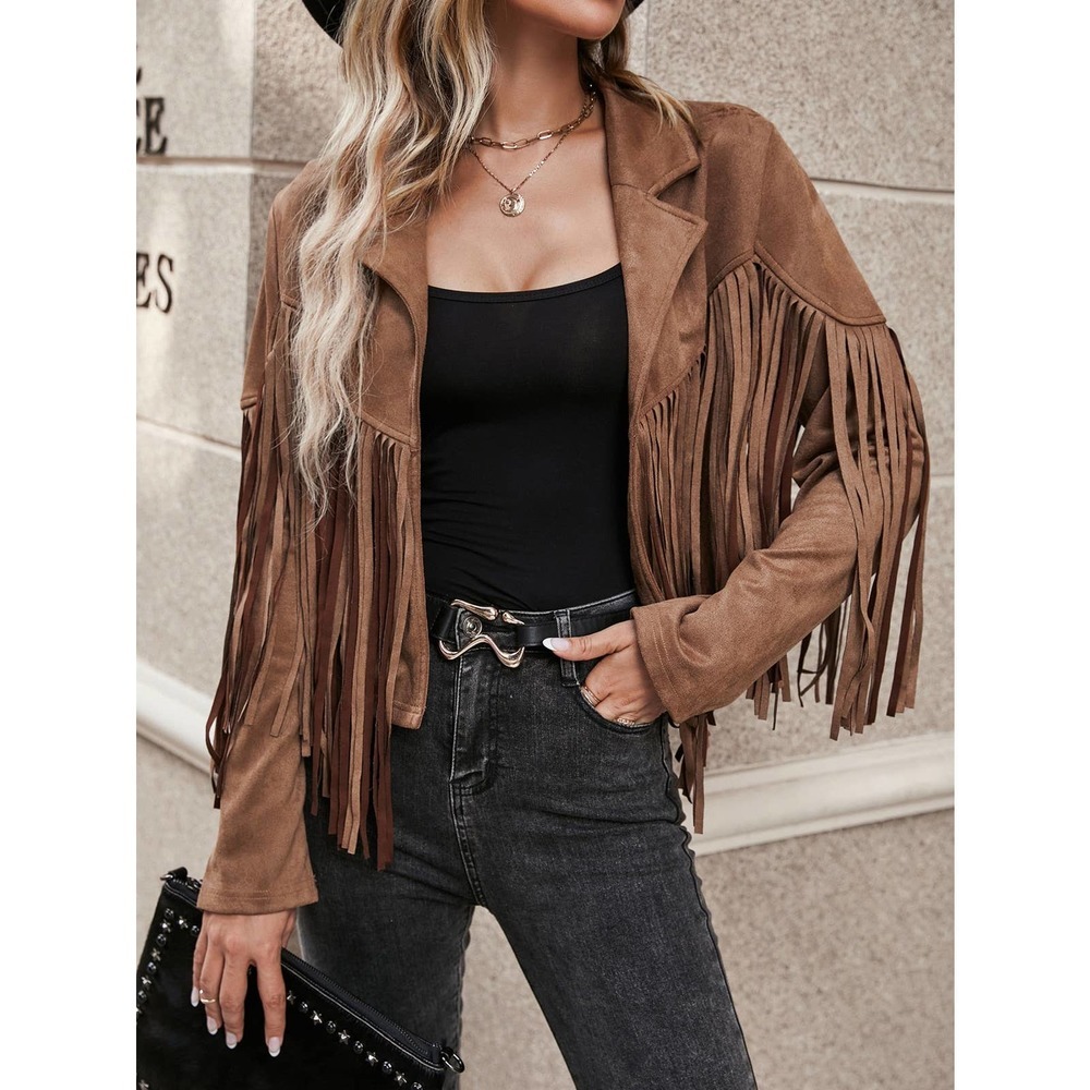 Vegan Suede Fringe Cowgirl Jacket Western Tassel Jacket in chocolate brown